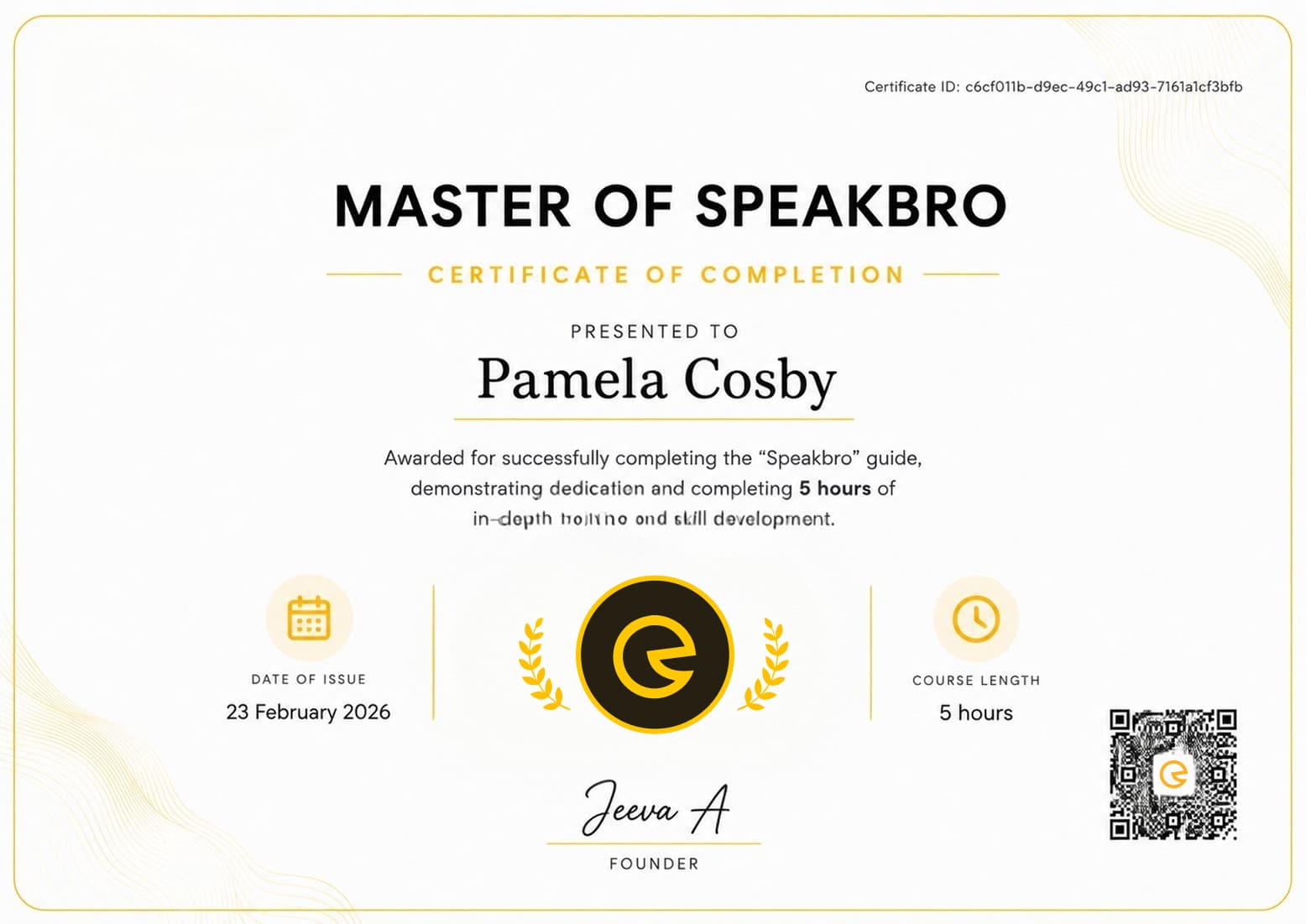 Sample Master of SpeakBro certificate of completion